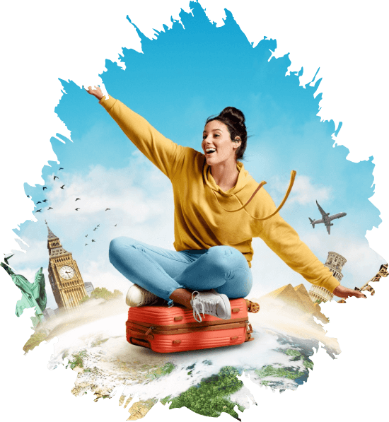 Happy traveler sitting on luggage with world landmarks